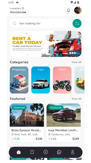 Home and rental categories screen