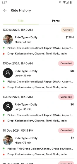 Ride history, trips record and receipts