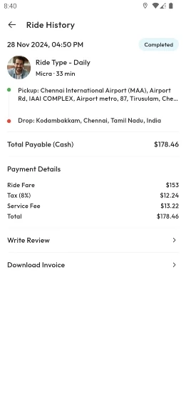 Detailed ride invoice with tax and breakdown